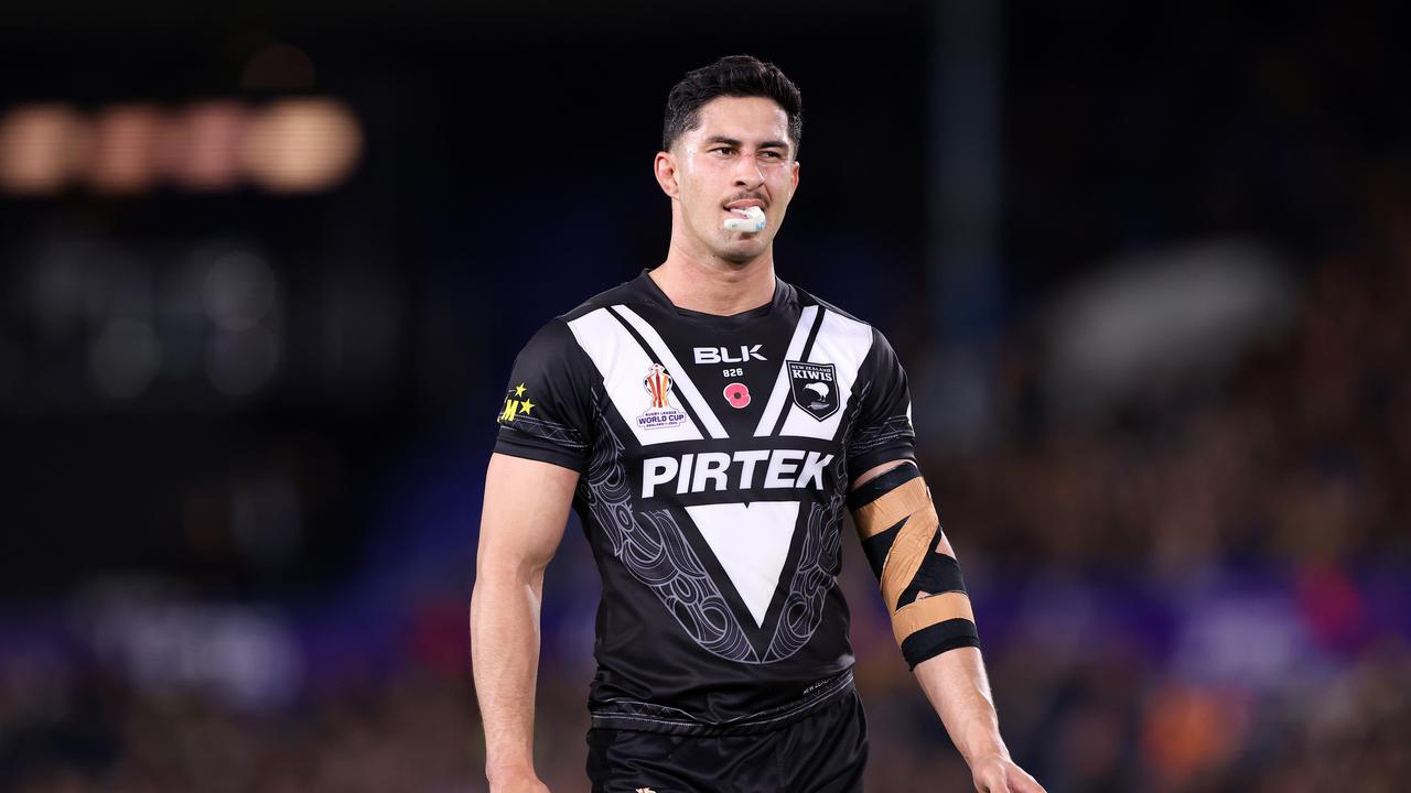 LEEDS, ENGLAND - NOVEMBER 11: Dylan Brown of New Zealand looks on during the Rugby League World Cup Semi-Final match between Australia and New Zealand at Elland Road on November 11, 2022 in Leeds, England. (Photo by Alex Livesey/Getty Images for RLWC)