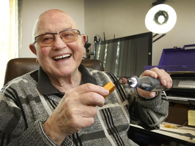 Sam Wilson 84, who used to work as a carpenter, loves to collect gadgets and work on small projects in his retirement unit. Picture: David Caird