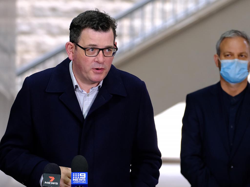 Victorian Premier Daniel Andrews and Victoria chief health officer Brett Sutton at a press conference on Monday. Picture: NCA NewsWire / Luis Ascui