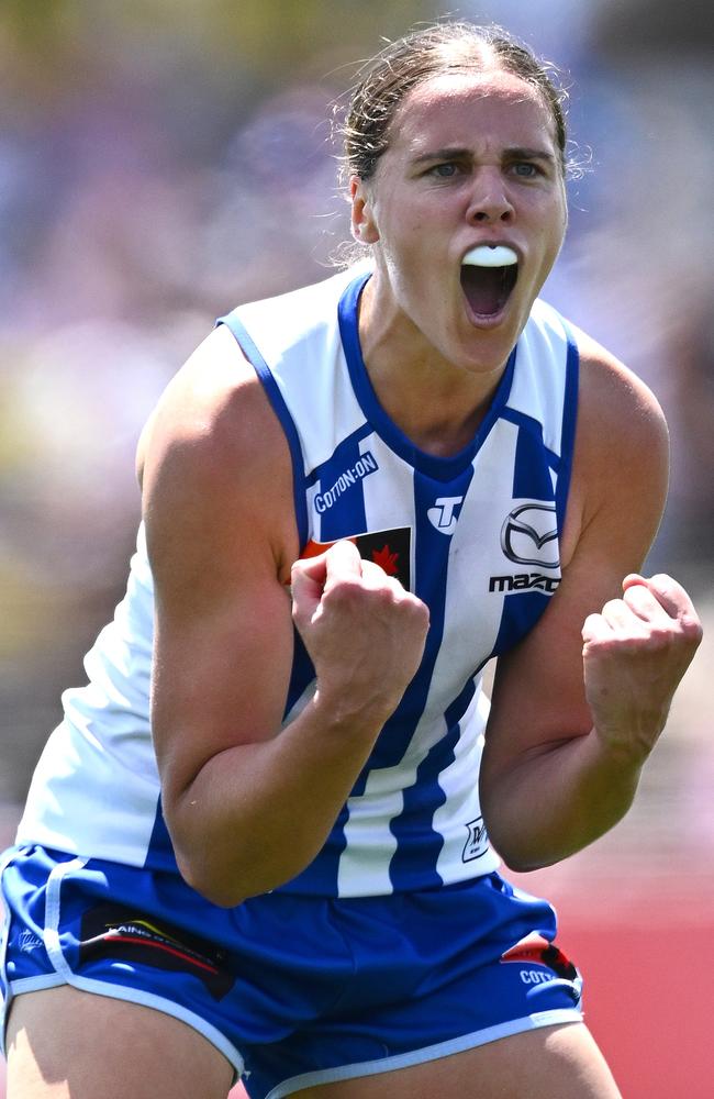 Roos champ Jasmine Garner celebrates a goal. Picture: Quinn Rooney/Getty Images