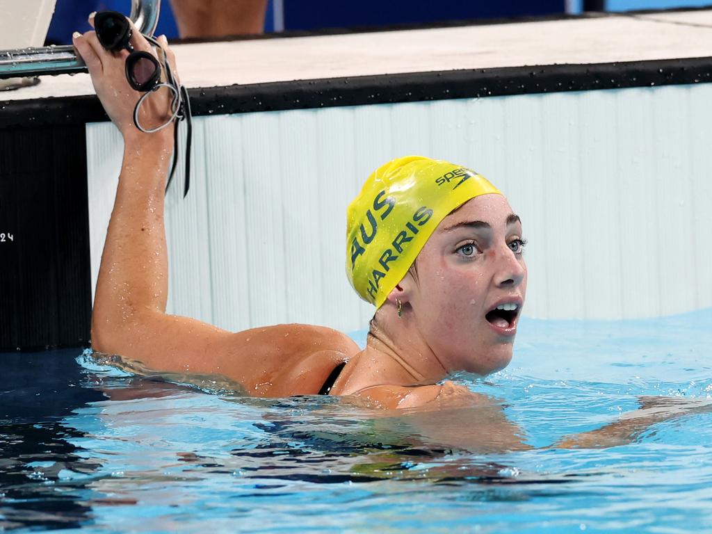 A shocked Meg Harris can’t believe her eyes after winning silver in the 50m freestyle. Picture: Adam Head