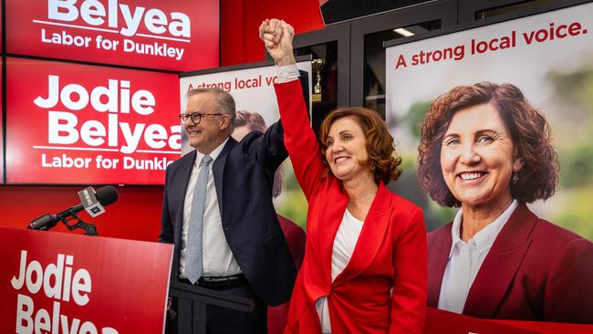 Prime Minister Anthony Albanese attends Jodie Belyea's Dunkley by-election campaign launch at the Karingal Football and Netball Club in Frankston. Picture: Jake Nowakowski