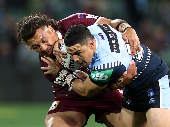 *APAC Sports Pictures of the Week - 2020, November 9* - ADELAIDE, AUSTRALIA - NOVEMBER 04: Cody Walker of the Blues is tackled during game one of the 2020 State of Origin series between the Queensland Maroons and the New South Wales Blues at the Adelaide Oval on November 04, 2020 in Adelaide, Australia. (Photo by Cameron Spencer/Getty Images)