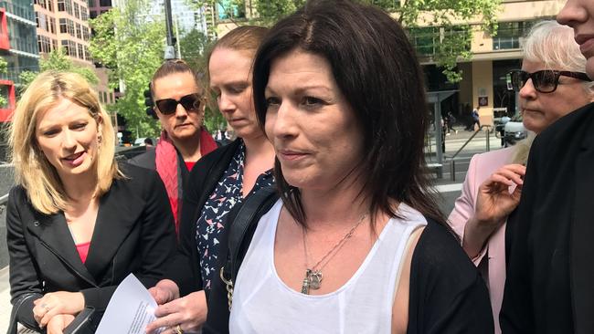 Katrina Gavan speaking to the media outside the County Court today. Picture: AAP Image/Amber Wilson