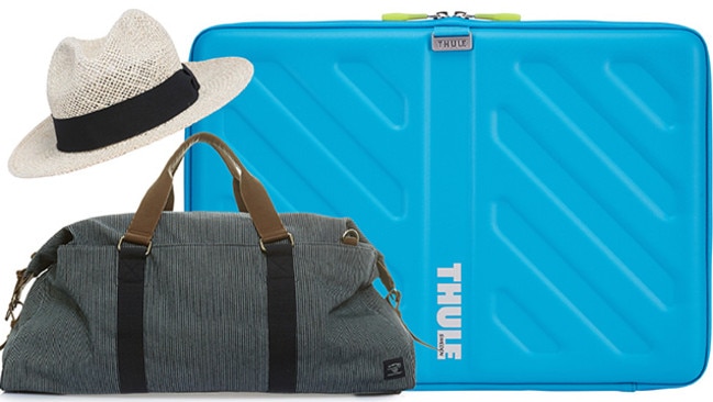 Rodd &amp; Gunn Clendon Clove straw hat, Sportscraft George Overnighter, Thule MacBook Pro Sleeve.