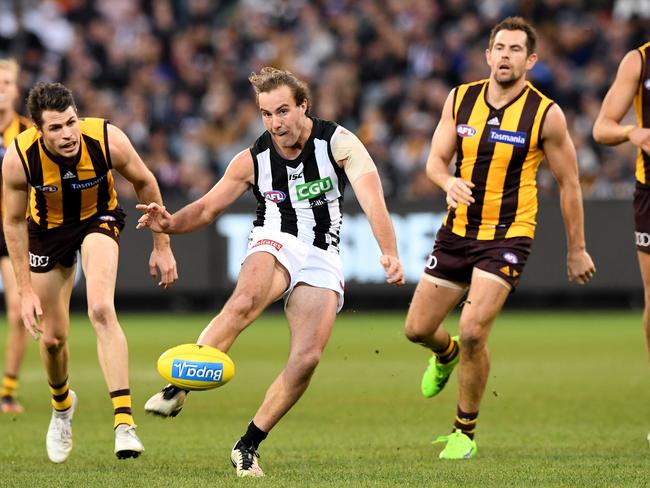 Collingwood’s Tim Broomhead kicks a late goal during the round 15 AFL match against Hawthorn at the MCG in 2017. Picture: Joe Castro