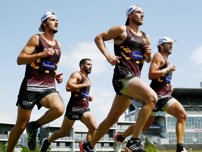 Hawthorn players Zac Webster, Paul Puopolo, Ryan Schoenmakers and Jordan Lewis sweat it out at Waverley Park. Picture: Colleen Petch