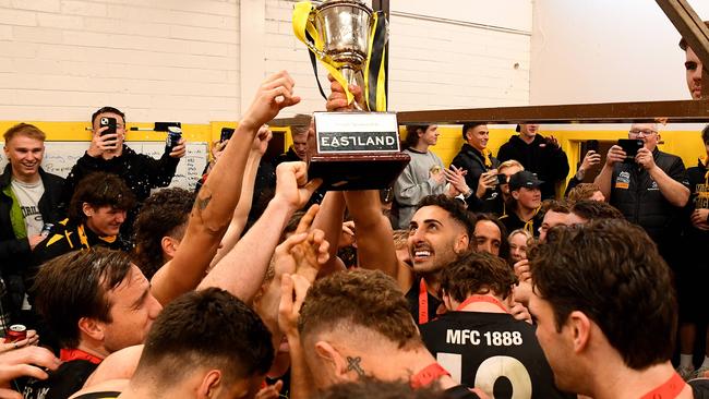 Mitcham celebrates its Division 1 grand final win. Photo by Josh Chadwick