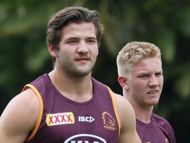 Patrick Carrigan and Tom Dearden and Jesse Arthars at Broncos training. Pic Annette Dew