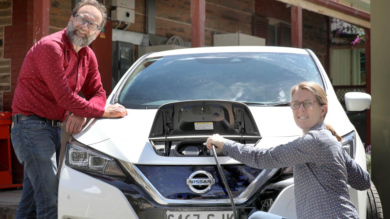 South Australian couple Tom and Rachel Brdanovic have an electric car and use solar power in their home. Picture: Dean Martin