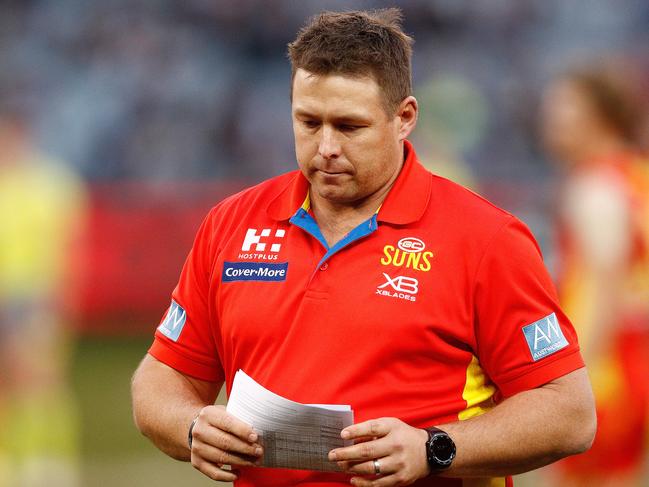 Suns head coach Stuart Dew is seen during the Round 20 AFL match between the Melbourne Demons and the Gold Coast Suns at the MCG in Melbourne, Sunday, August 5, 2018. Picture: AAP Image/Daniel Pockett.