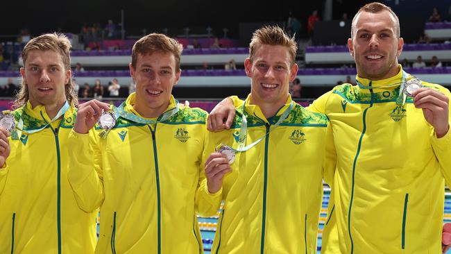 Australia silver medallists Kyle Chalmers, Matthew Temple, Zac Stubblety-Cook and Brad Woodward in Birmingham. Pic: Michael Klein