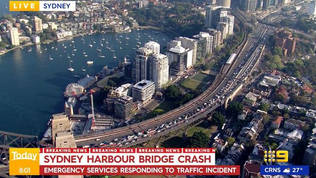 Aerial traffic shots of the Sydney Harbour Bridge just before 8am on Tuesday. Picture: Nine