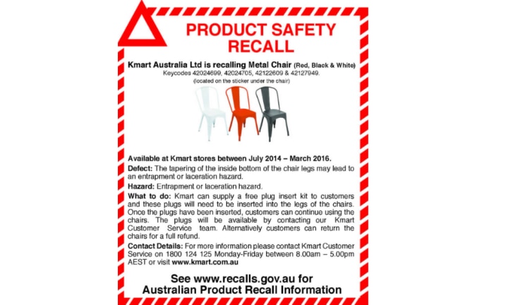 Kmart metal chairs recalled over safety fears