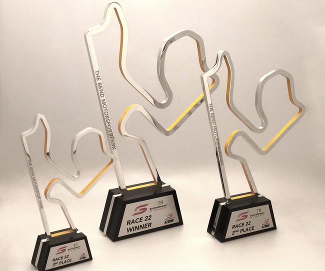 The trophies that will be on offer at the first ever OTR SuperSprint for Supercars at The Bend. Pictures: Supplied