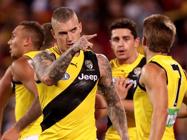 ADELAIDE, AUSTRALIA - MARCH 29: Dustin Martin of the Tigers celebrates a goal during the 2018 AFL round 02 match between the Adelaide Crows and the Richmond Tigers at Adelaide Oval on March 29, 2018 in Adelaide, Australia. (Photo by James Elsby/AFL Media/Getty Images)