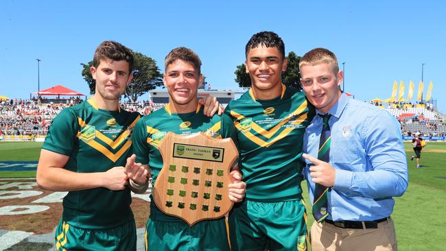 Reece Walsh and Brendan Piakura (middle) played together for the Australian Schoolboys. Picture: SMPIMAGES.COM/Newscorp