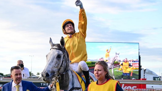 The emotional scenes after last year’s Doomben Cup when Blake Shinn saluted to the heavens after his win aboard Bois D'argent. Picture: Grant Peters / Trackside Photography.