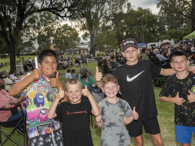 Josh, Logan Tuppurainen, Floyd Waters, Seth Wright, Nate Wright in the spirit of the event at the 2024 Mildura Christmas Carols. Picture: Noel Fisher