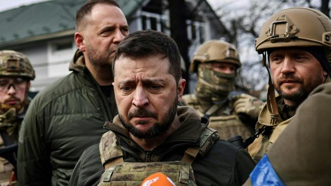 Ukrainian President Volodymyr Zelensky broke down during a visit to Bucha, where bodies were found lying in the street after the city was retaken by the Ukrainian army. Picture: Ronaldo Schemidt/AFP