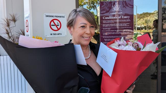 Flowers were delivered to Darwin Local Court addressed to Darwin ex-real estate agent Suzanne Lee Milgate ahead of her assault hearing on Monday, May 13.