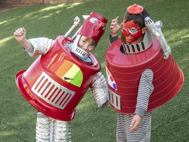 Cooper Spies ( left ) and Louis Ramia have fun with Bookweek activities, Toowoomba Grammar Junior School. Thursday, August 26, 2021. Picture: Nev Madsen.