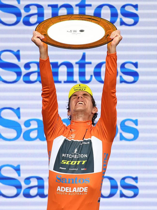 Daryl Impey of team Mitchelton-Scott celebrates winning the Tour Down Under. Picture: Dan Peled/AAP