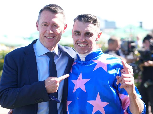 Craig McRae and Billy Egan after Feroce (NZ) won the Howden Australian Guineas at Flemington Racecourse on March 01, 2025 in Flemington, Australia. (Photo by Scott Barbour/Racing Photos via Getty Images)