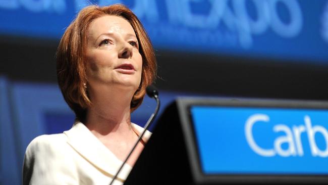 Prime Minister Julia Gillard in 2011 promoting her government’s carbon tax. Picture: AFP