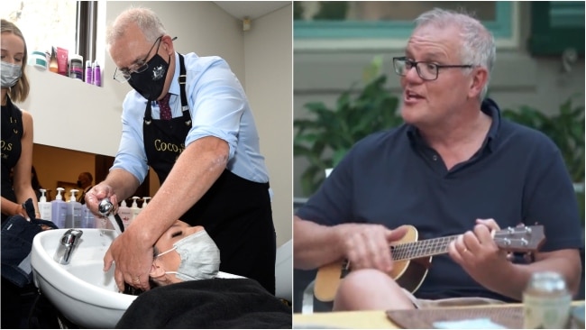 Scott Morrison has responded to the "sneering" criticism after footage of him washing a woman's hair and playing the ukulele went viral on social media. Picture: News Corp / Andrew Henshaw; 60 Minutes