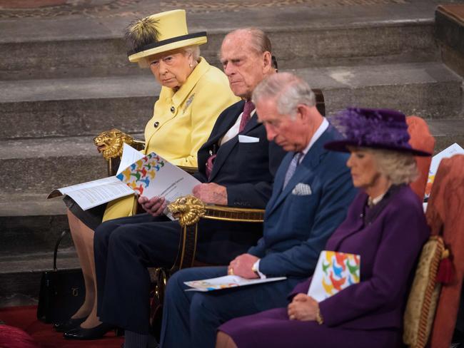 Britain's Queen Elizabeth, Britain's Prince Philip, Duke of Edinburgh, Britain's Prince Charles, Prince of Wales and Britain's Camilla, Duchess of Cornwall.