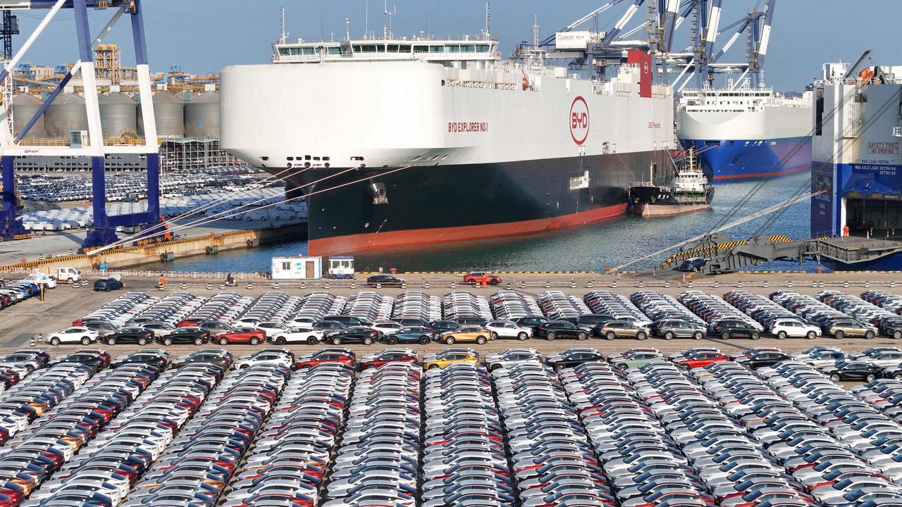 BYD cars waiting to be loaded for export in Yantai, Shandong. Picture: AFP