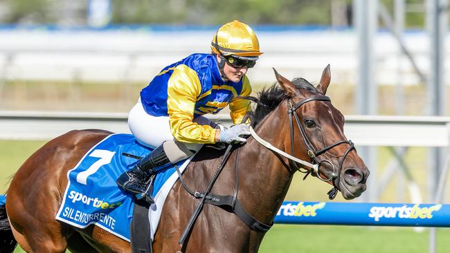 Silent Surrente, ridden by Rochelle Milnes, wins the Adelaide Cup at Morphettville on Monday. Picture: Makoto Kaneko