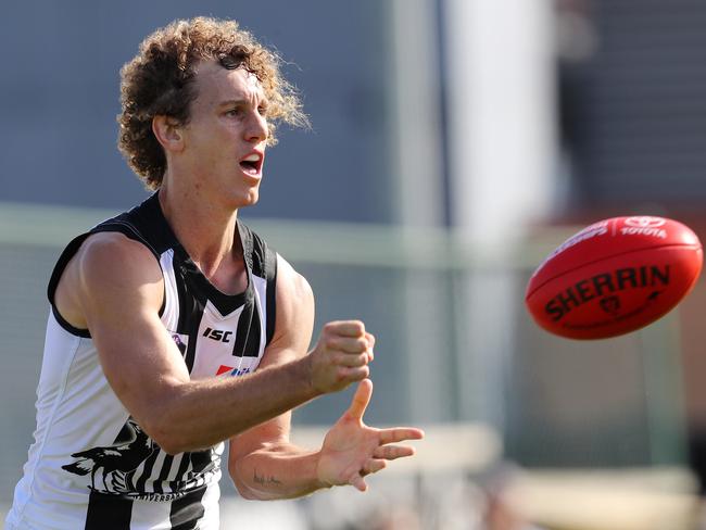 VFL match - Essendon v Collingwood. at the Windy Hill..  Collingwood's Chris Mayne clears by hand    . Pic: Michael Klein