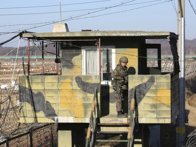 A South Korean army soldier stands guard at a military guard post in Paju, South Korea, near the border with North Korea. Picture: AP