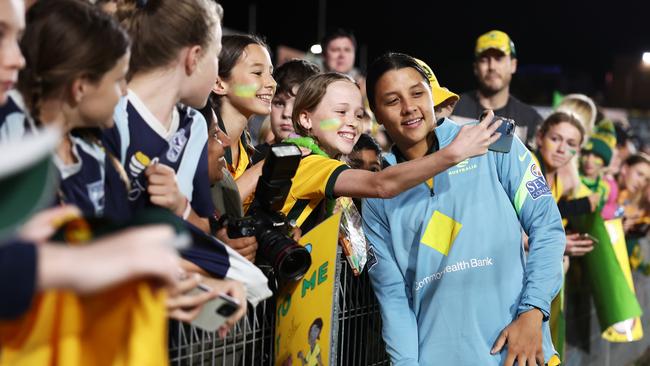 GOSFORD, AUSTRALIA - NOVEMBER 15: Sam Kerr of the Matildas interacts with fans after the International Friendly match between the Australia Matildas and Thailand at Central Coast Stadium on November 15, 2022 in Gosford, Australia. (Photo by Matt King/Getty Images)