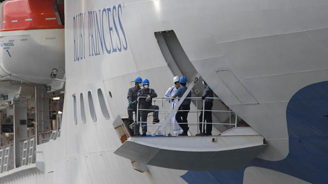 The coronavirus-stricken Ruby Princess leaves Port Kembla after quarantine in Australian waters T. Picture: Simon Bullard