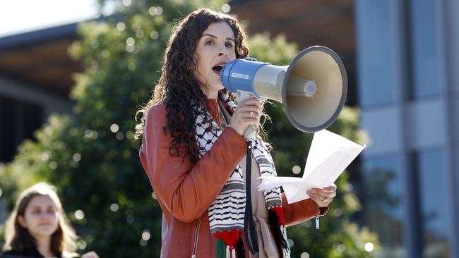 Dr Randa Abdel-Fattah speaks at a pro-Palestine protest at Macquarie University in Sydney in May. Picture: Richard Dobson