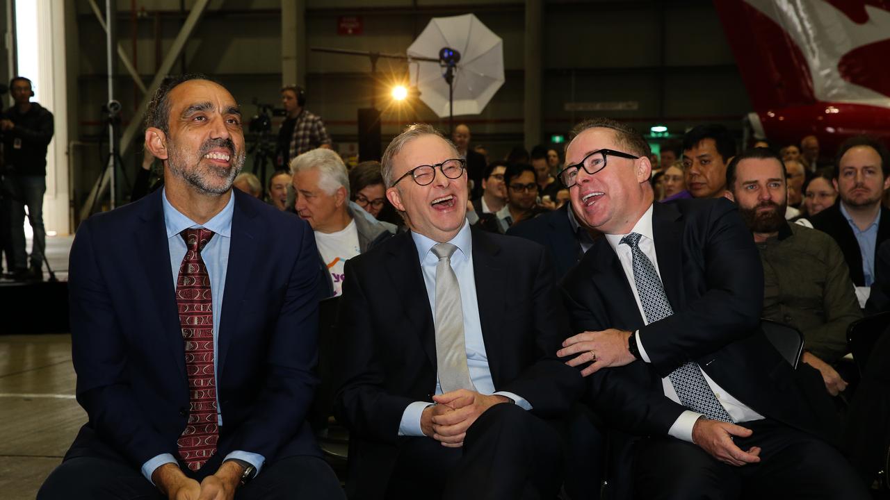 Former Australian rules football player Adam Goodes, Prime Minister, Anthony Albanese and Qantas CEO Alan Joyce attend the launch of the Qantas 'Yes' Campaign where The Prime Minister will deliver a speech. Picture: NCA Newswire / Gaye Gerard