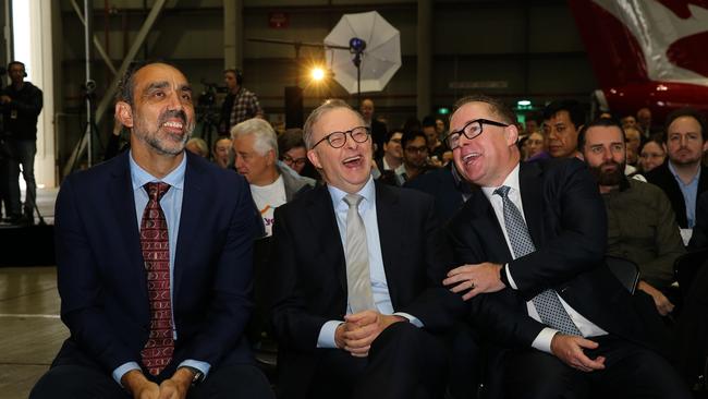 Former Australian rules football player Adam Goodes, Prime Minister, Anthony Albanese and Qantas CEO Alan Joyce attend the launch of the Qantas 'Yes' Campaign where The Prime Minister will deliver a speech. Picture: NCA Newswire / Gaye Gerard