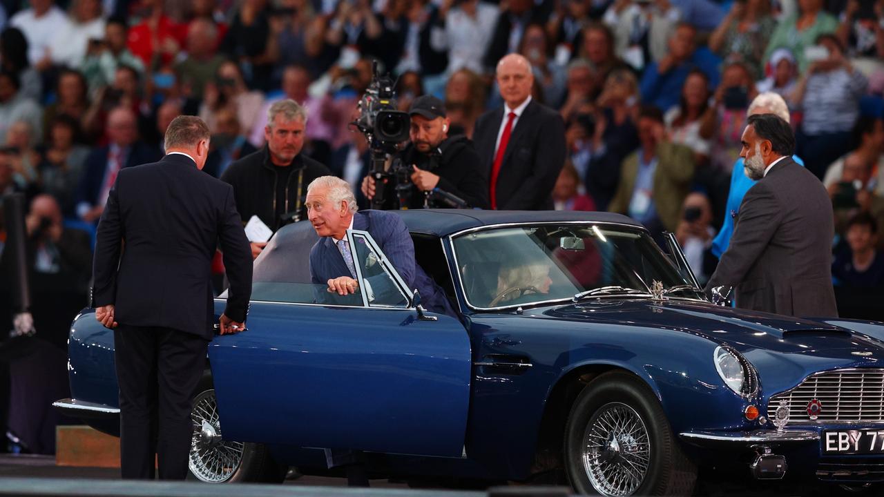 Prince Charles emerges from his Aston Martin that featured in the Opening Ceremony. Piture: Getty Images