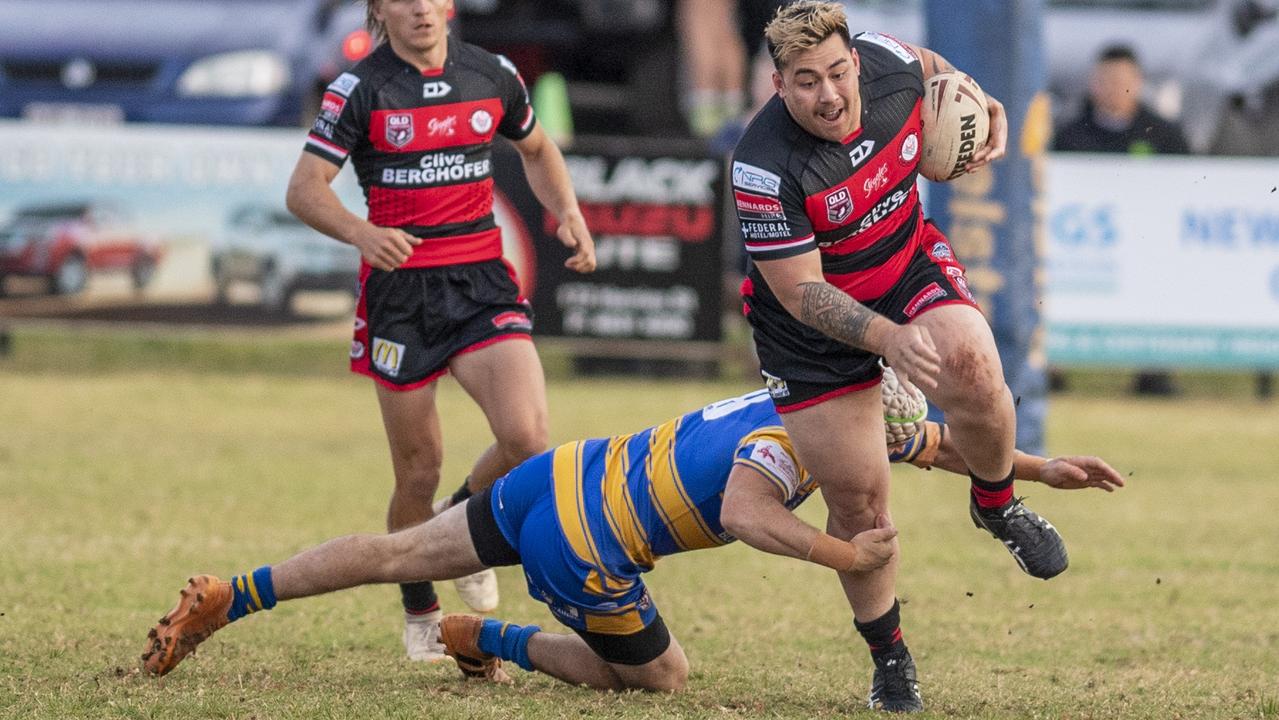 Norths tackle Valleys in the first Volunteers Cup semi-final at the North Ipswich Reserve on Saturday. Picture: Nev Madsen