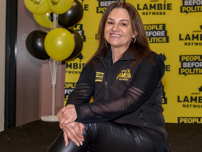 Senator Jacqui Lambie at her party gathering on Election Night. Picture: NewsWire / Simon Sturzaker