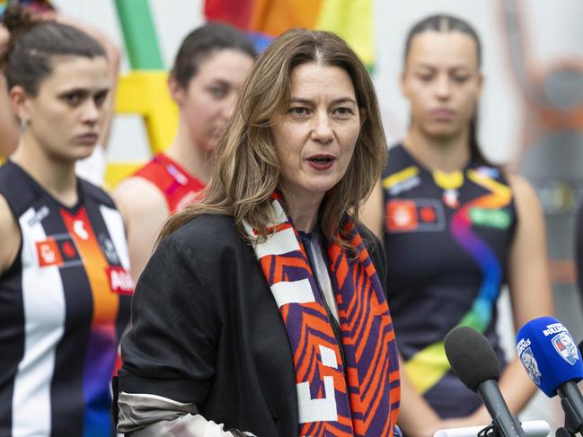 Emma Moore at the AFLW Pride Round Launch at Whitten Oval. Picture: Daniel Pockett/Getty Images.