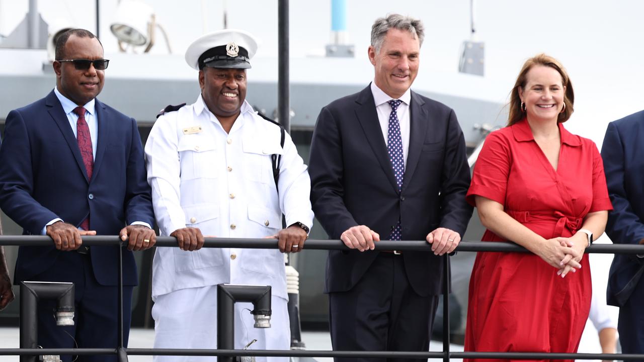 The Guardian-class patrol boat RVS Takuare has been handed back to Vanuatu, after being repaired over two years by Norship Marine. Vanuatu Minister of Internal Affairs Andrew Solomon Napuat, RVS Takuare Captain Anthony Hui, Australian Deputy Prime Minister and Defence Minister Richard Marles and Queensland Senator Nita Green stand aboard the RVS Takuare, which has undergone two years of repairs after sustaining damage in Tropical Cyclone Kevin in March 2023. Picture: Brendan Radke