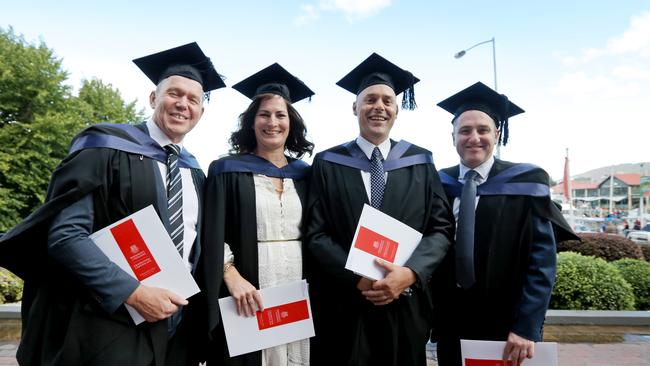 Bachelor of Arts graduates Mark Smith, Belinda Vincent, Jason Templar and Brett Caham. Picture: PATRICK GEE