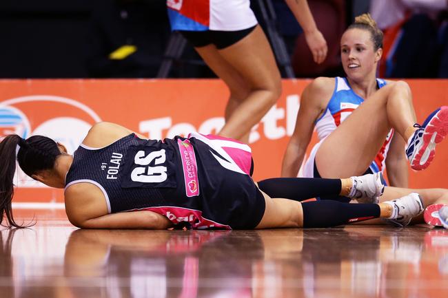 Adelaide’s Maria Folau falls in the round two Super Netball match between the NSW Swifts and the Adelaide Thunderbirds at Quay Centre in Sydney. Picture: Matt King/Getty