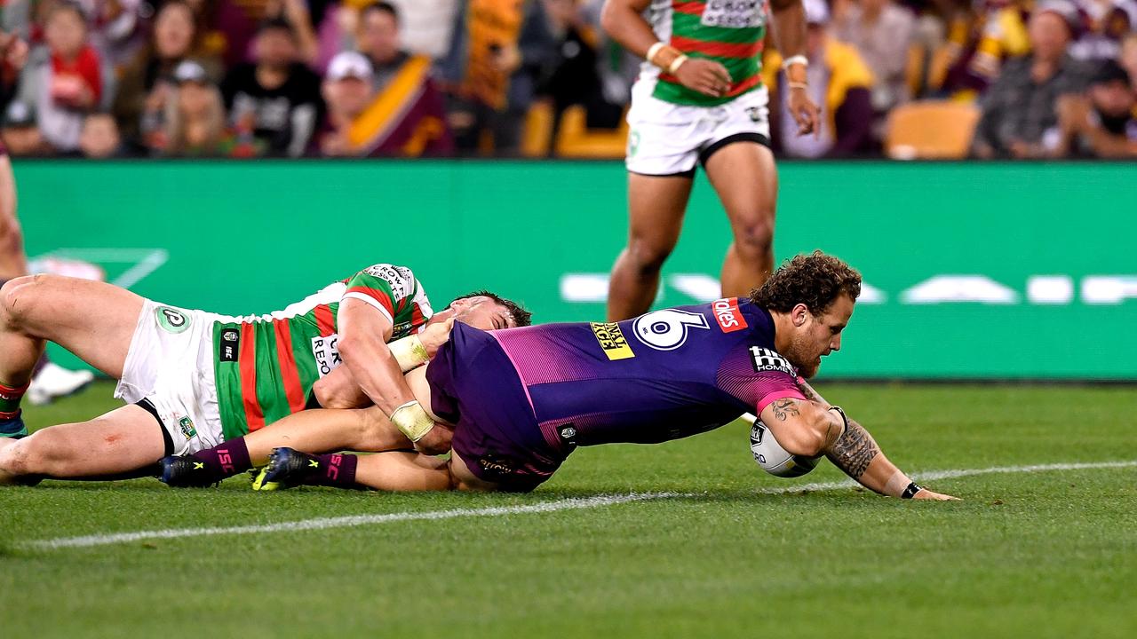 Korbin Sims was in the thick of the action scoring a try and appearing to clearly obstruct a kick chase in the Broncos win over Souths.