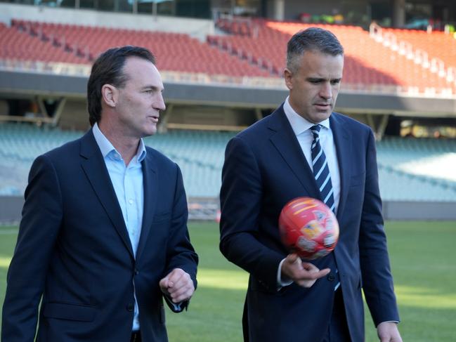 Premier Peter Malinauskas & AFL Chief Executive Andrew Dillon announce dates for 2025 AFL Gather Round. 2 July 2024. Picture: Dean Martin