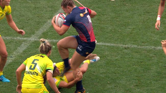 Arena Mikhaltsova could find herself in hot water for an apparent kick on Evania Pelite during the Sydney Sevens semi-final.